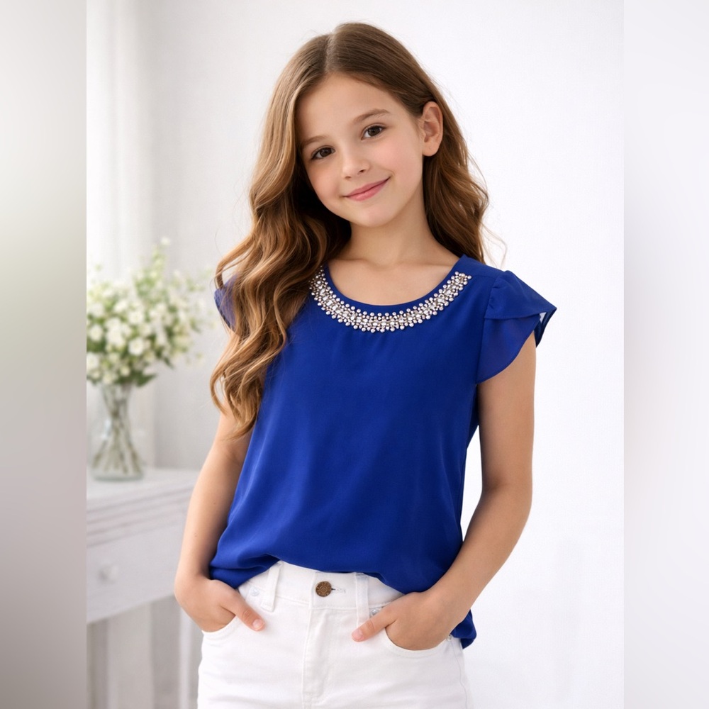 Iz Byer Royal Blue Kids Blouse with Jewel Neckline